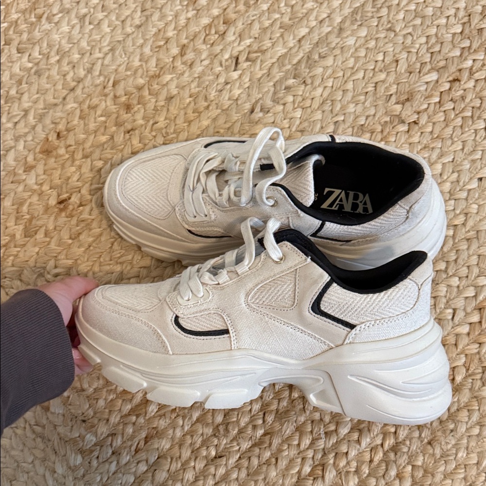 Zara Cream and Black Chunky Platform Sneakers